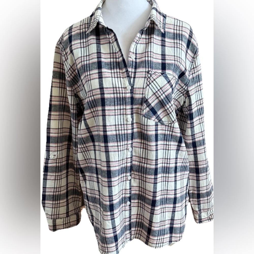 id:23 Navy Blue Plink White Plaid 100% Cotton Button Down Shirt Women’s Medium